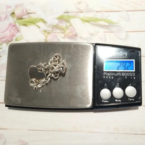 Designer 925 sterling silver cable chain bracelet large Heart charm 7''L signed - Picture 9 of 13